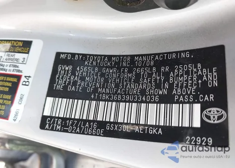 2009 Toyota Avalon Xls из США, поврежденный, VIN 4T1BK36B39U334036